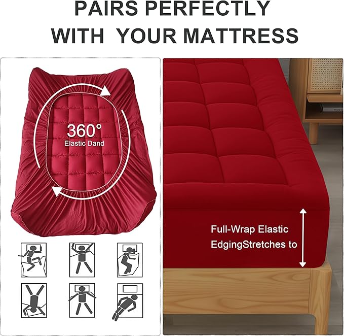 Quilted Mattress Pad Pillow Top Mattress Cover Protector Cooling Soft for Breathable Padded Deep Pocket 8-21 Fitted Supportive(Red,Queen Size)
