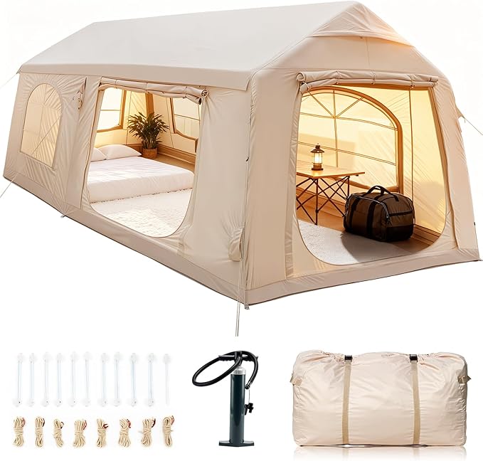 Inflatable Tents for Camping, Blow Up Tent with Hand Pump, Easy Setup Inflatable Hot Tent with Stove Jack, Waterproof Oxford Air Glamping Tents for Camping Adult 4 Person Upgrade Version