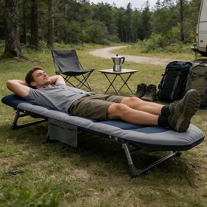 Portable Cot for Camping Adult, Folding Camping Cot with Thick Mattress, Pillow, Adjustable Cots for Sleeping with Pad, 26" Wide, Outdoor Lounge Chair for Home Office Nap Beach Travel Hiking (Blue)