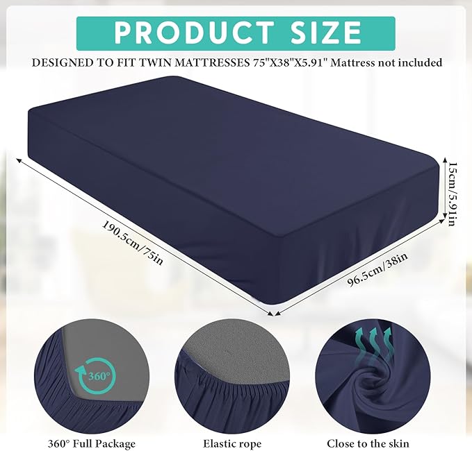 Breling Fitted Sheet (Sheet Only) Compatible with Milliard Trifold Mattress Folding Mattress Fitted Microfiber Bedclothes for Camp Bunk Rvs Bed(Navy Blue,2 Pcs,Twin,4'')