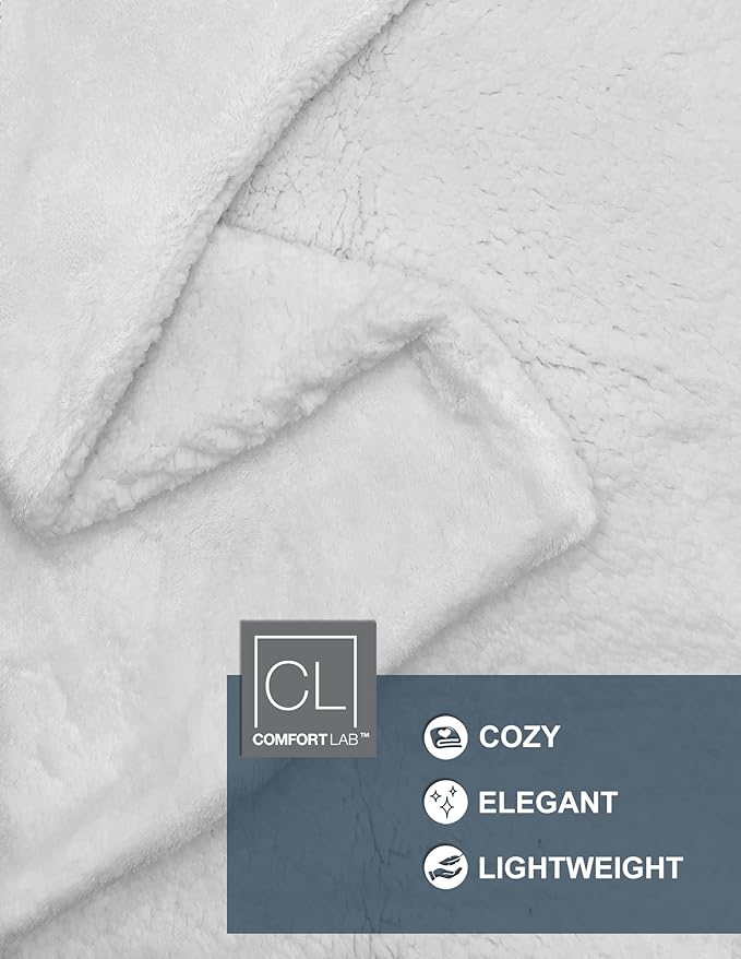 Comfort Lab Reversible Flannel Sherpa Throw Blanket - Elegant Fluffy Throw Blankets for Couch and Home Decor - Anti Pilling Non Shedding Cozy & Warm Fleece Throws - Oversize Throw (60" x 70") - White