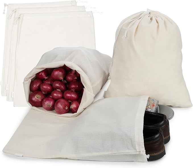 Reusable Cotton Storage Produce Bags With Drawstrings X-Large 14x18 Inch (6 Psc), Muslin Bags - For Bulk Food Storage, Vegetable, fruit, Food, Snack, Footwear, Toys Storage Bag
