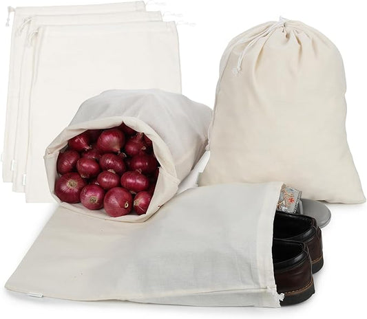 Reusable Cotton Storage Produce Bags With Drawstrings X-Large 14x18 Inch (6 Psc), Muslin Bags - For Bulk Food Storage, Vegetable, fruit, Food, Snack, Footwear, Toys Storage Bag