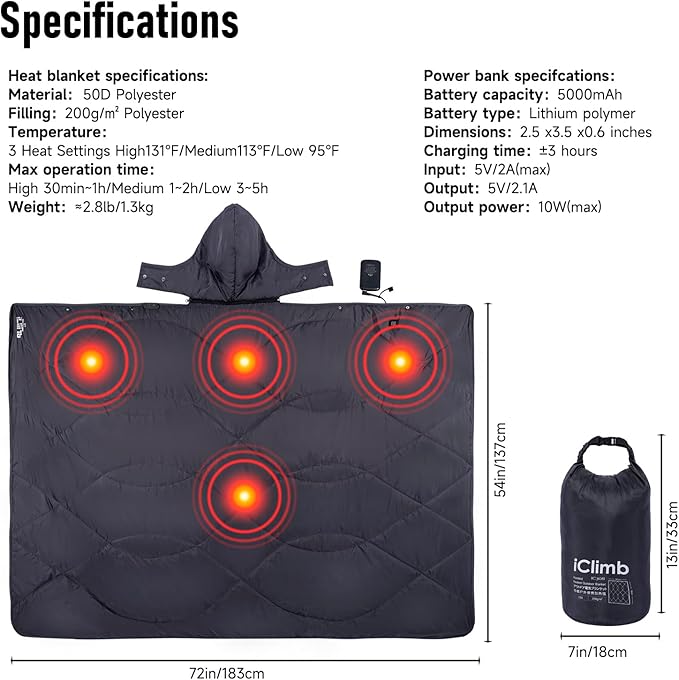 iClimb Heated Camping Blanket with Hood and Battery Pack (Dark Grey)