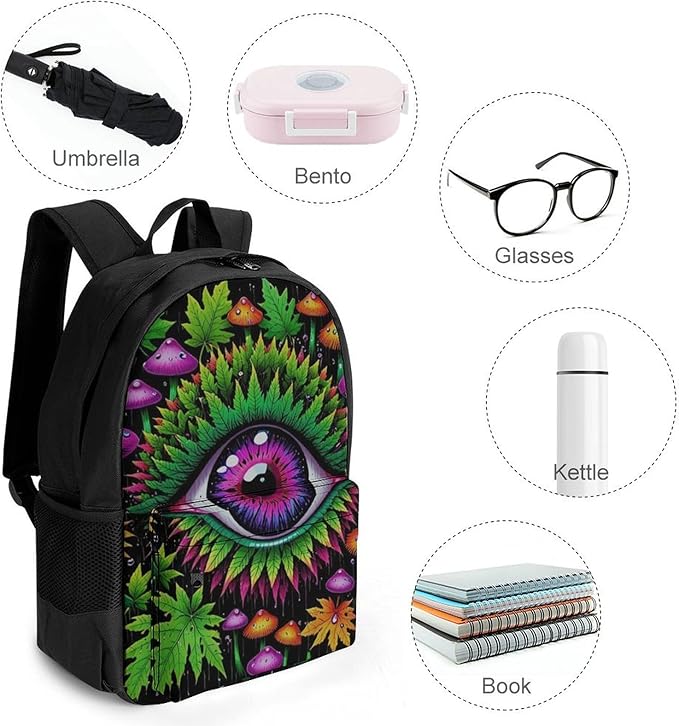 Polyester Daypack Bookbag for Gym Business Bicycle, Large Capacity Multipurpose Anti-Theft Carry On Bag, Trippy Eye Mushroom Art Travel Hiking Daypack