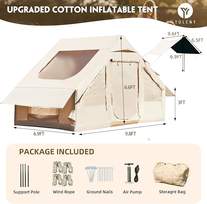 YOLENY 2/4/6 Person Inflatable Tents for Camping, Quick Setup in 2 Minutes with Hand Pump, Oxford Blow Up Tent with Skylight & Canopy, Spacious Cabin Tent for Family Camping & Hiking