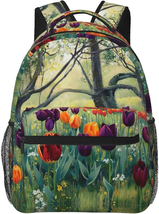 Men Women Lightweight Colorful Sea Of Tulips Art Daypack Bookbag Big Capacity Carry On Bag With Side Pockets for Camping Travel Bicycle