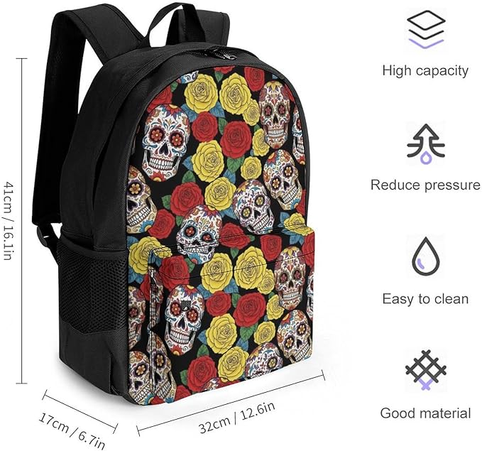 Lightweight Daypack Bookbag for Trekking Business Walking Cycling, Big Capacity Anti-Theft Multipurpose Carry On Bag, Mexican Day Dead Rose Sugar Skulls Art Business Computer Bag