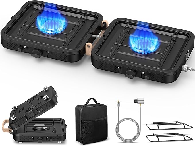 Propane 2-Burner Camping Stove with Carrying Bag, 17500 BTU Adjustable Burners, Portable Folding Gas Stove for Camping, Outdoor Cooking, Backpacking Camp Stove for BBQ, Camping Tailgating