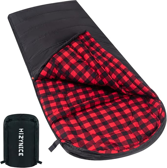 Cold Weather Sleeping Bag 100% Cotton Flannel XXL for Adults Big and Tall,Free Compression Sack