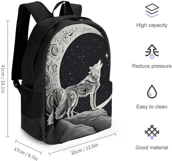 Polyester Daypack for Camping Travel Walking Cycling, Big Capacity Anti-Theft Multipurpose Bookbag, Wolf Howling Moon Camping Outdoor Backpack