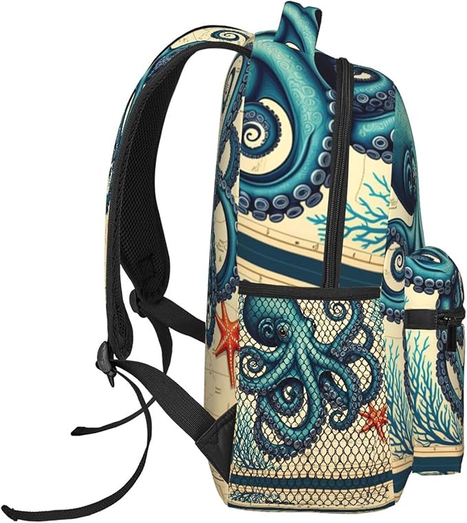 Backpack Polyester Anti-Theft Multipurpose Retro Octopus Art Bookbag Large Capacity Laptop Book Bag Rucksack With Side Pockets