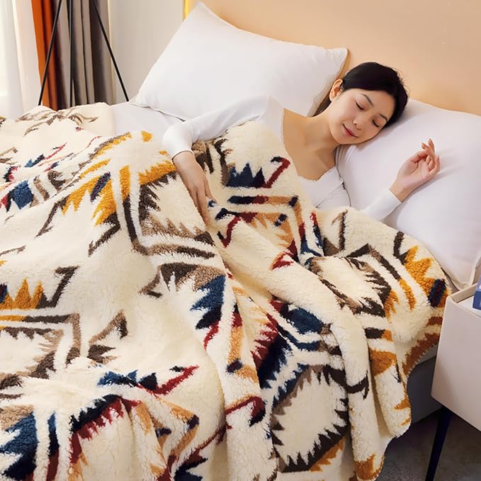 UKELER Boho Sherpa Fleece Blanket 80'' × 90'', Ultra Soft Aztec Queen Blanket for All Season, Cozy, Plush, Bohemian Throw Blanket for Bed/Couch/Sofa/Office/Camping