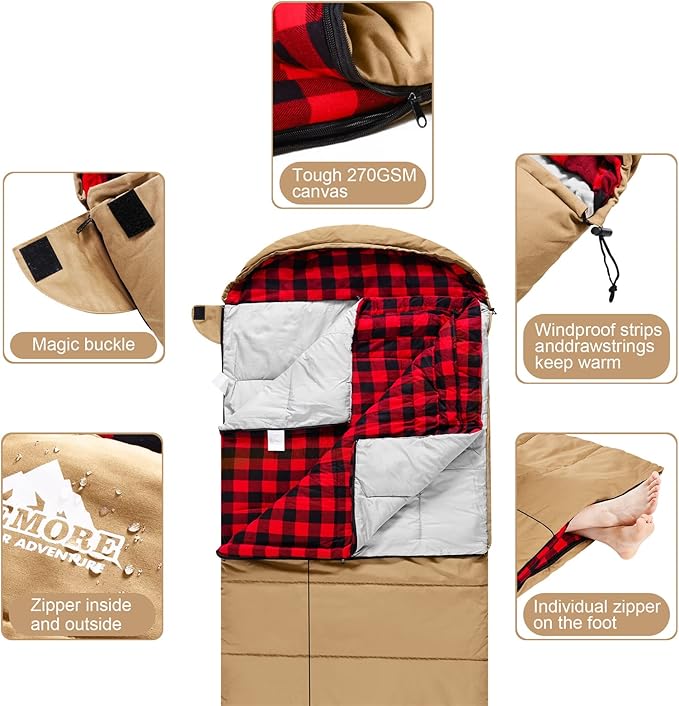 AGEMORE 0 Degree Canvas Sleeping Bag for Adults, Cotton Flannel Sleeping Bag for Winter Camping, Fishing, Hunting or Traveling, Durable Cotton Canvas Shell and Removable Flannel Liner