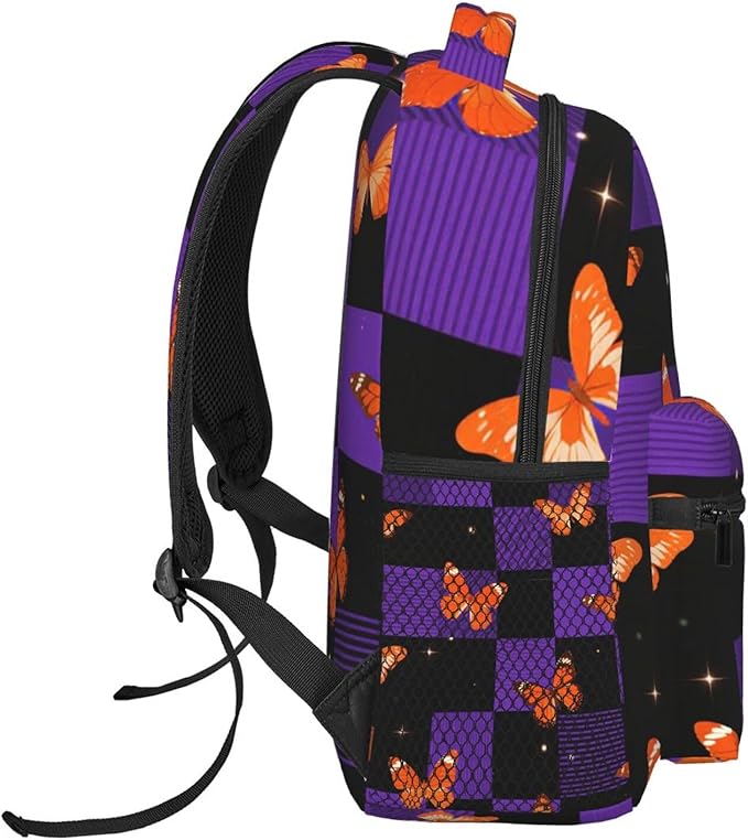 Men Women Polyester Butterflies Buffalo Plaid Purple Tartan Daypack Backpack Large Capacity Carry On Bag With Smooth Zippers for Hiking Picnic Walking Cycling