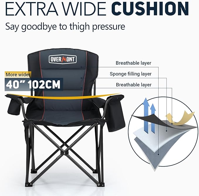 Overmont Oversized Folding Camping Chair - 450lbs Support with Padded Cushion Cooler Pockets - Heavy Duty Collapsible Chairs for Sports Garden Beach Fishing