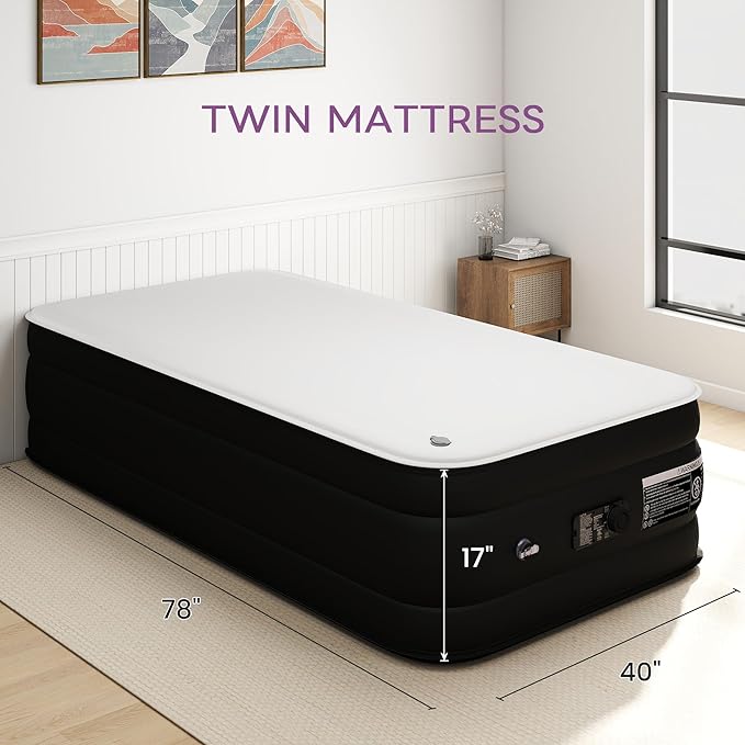 Twin Air Mattress,17” Inflatable Blow Up Bed with High Capacity Built in Pump, Soft Milk Fiber Topper. 450 Lb. Limit, for Home, Camping, Guests
