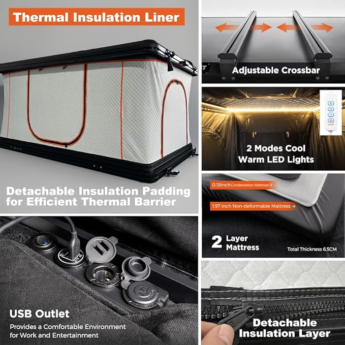 Hard Shell Roof Top Tent with Adjustable Crossbars, 4-Season Waterproof Pop-up Tent with Detachable Thermal Insulation Liner, Anti-Condensation Mat & USB Power Hub for Trucks, SUVs, Vans