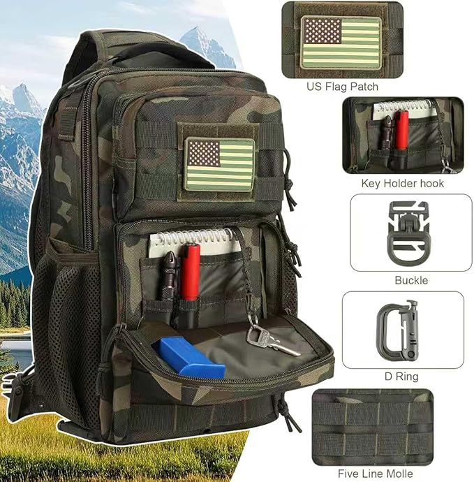 Rover Sling Pack Tactical Shoulder Sling Bag Backpack with Bottle Holder Crossbody Chest Bag, Woodland