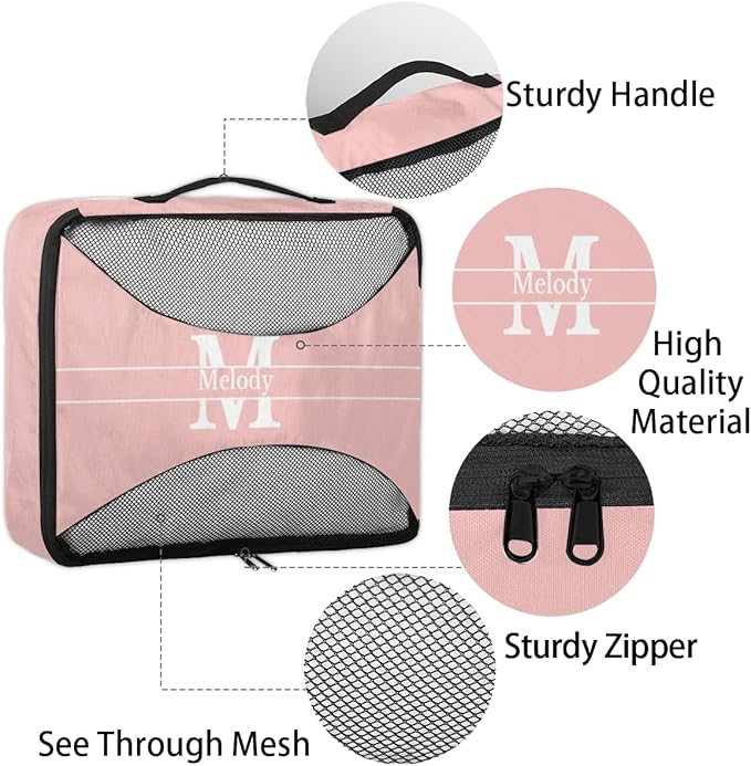 Custom Packing Cubes with Name, 4Pcs/Set Travel Luggage Packing Organizers Set for Women, Pale Pink Background with Initial Letter