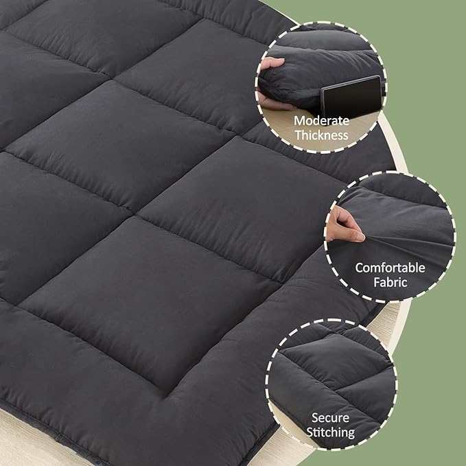 Japanese Floor Mattress Foldable & Portable Roll Up Futon Mattress 3" Grey Tatami Mat for Adult and Kids，Shredded Memory Foam Filled with Straps Sleeping Pad Suitable for Camping，60"x 80" Queen Size