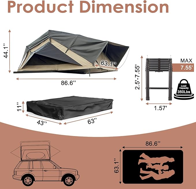 Rooftop Tent, Roof Top Tent for 2-3 Person, Blackout-Coated Polycotton & Oxford for UV Protection and Waterproof, with Aluminum Ladder, Skyview Window, Mattress, for Car/Truck/Jeep/SUV/Van