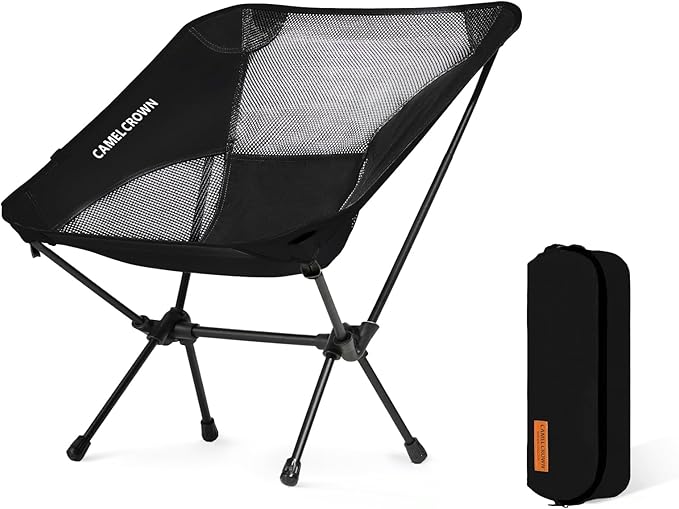 CAMEL CROWN Portable Camping Chair Lightweight Compact Folding Chair Mesh for Outdoor Camp Travel Beach Picnic Festival Hiking Backpacking Black