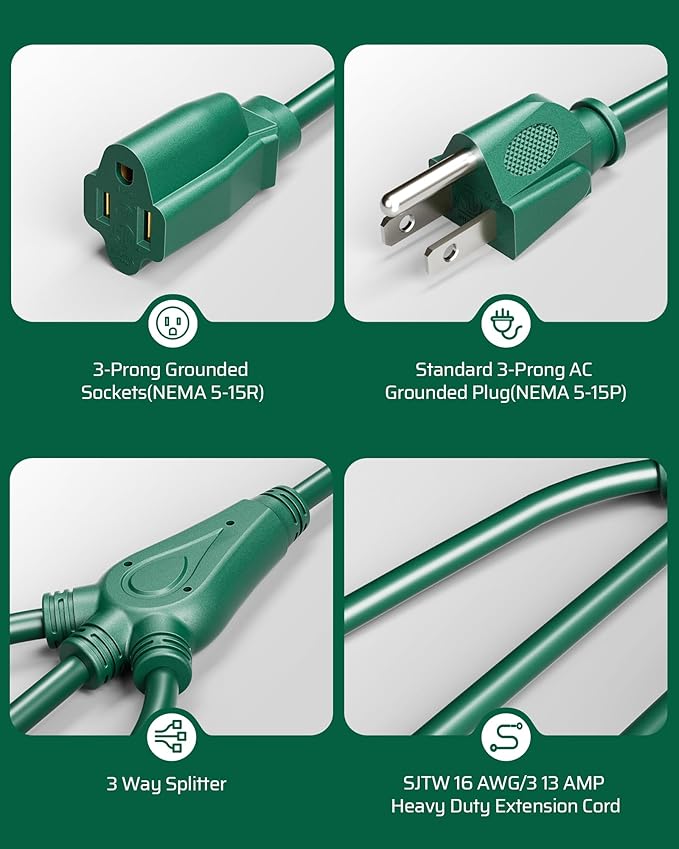 DEWENWILS Extension Cord Splitter 1 to 3, 16/3 Heavy Duty SJTW Wire, 3 Prong Splitter 3 Way, Outdoor Cord Splitter for Halloween Decor Christmas Lights, ETL Listed, Green, Pack of 3