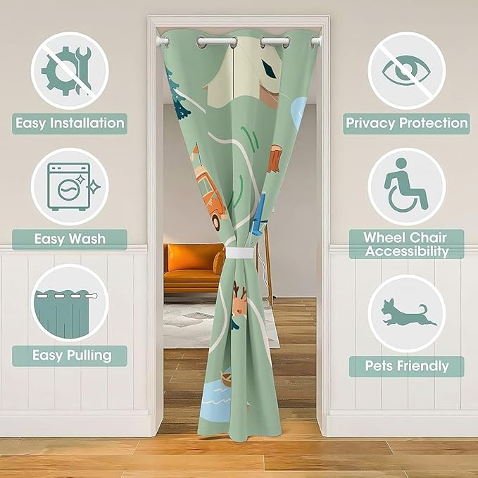 Erosebridal Happy Camping Doorway Curtains Privacy - Cute Animal Deer Plants Blackout Curtain Rustic RV Camper Campfire Closet Door Curtain Outdoor Adventure Theme Room Divider Drape 42" W x 84" L