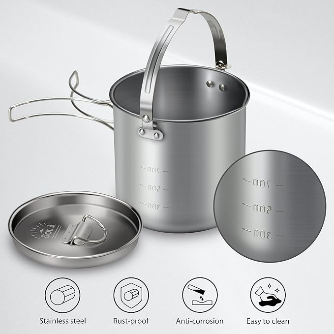 Lixada 5PCS Camping Cookware Set Stainless Steel 1.2L Camping Pot with 2 Cups & 2 Bowls, Lightweight Portable Backpacking Pot with Foldable Handles & Lid for Outdoor Cooking Hiking Picnic