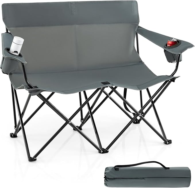 Goplus Double Camping Chair, Oversized Heavy Duty Camping Loveseat for Adults, Portable Folding 2 Person Camping Chair with Cup Holder for Outdoor Lawn Beach Backyard