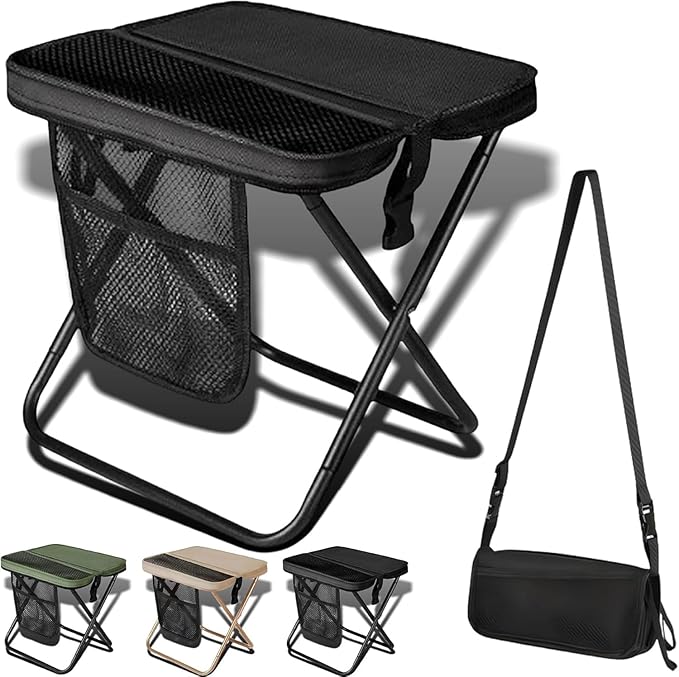 Foldable Backpack Stool for Adults - Portable Camping Stool with Sling Bag, 300lbs Capacity for Camping, Fishing, Hiking, Travel, Picnic (Black)