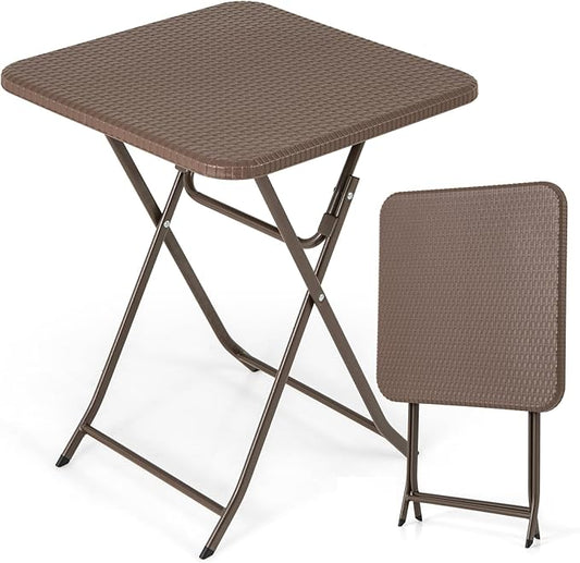 Tangkula 23.5" Square Folding Table, Indoor Outdoor Foldable Plastic Table with Rattan Textured HDPE Tabletop, Sturdy Metal Fame, Carrying Handle, 4 Person Picnic Table for Camping BBQ Party
