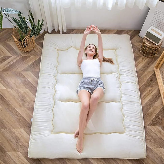 MAXYOYO Japanese Floor Futon Queen Size, Thicken Tatami Mat Sleeping Pad Foldable Roll Up Mattress Trifold Pad Guest Bed, Off White