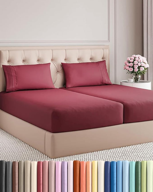 Split King Size 5 Piece Sheet Set - Comfy Breathable & Cooling Bed Sheets Set - Hotel Luxury Bedding for Women, Men, Kids, Teens, Boys & Girls - Deep Pockets, Soft, Wrinkle Free - Oeko-Tex - Burgundy