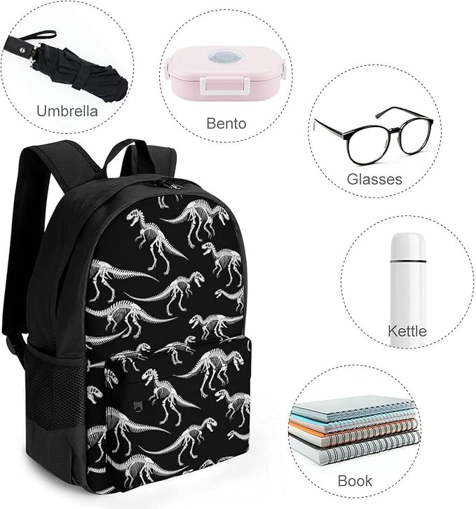 Supdreamc Men Women Lightweight Dinosaur Skull Skeleton Black Backpack Large Capacity Bookbag With Smooth Zippers for Gym Business Running