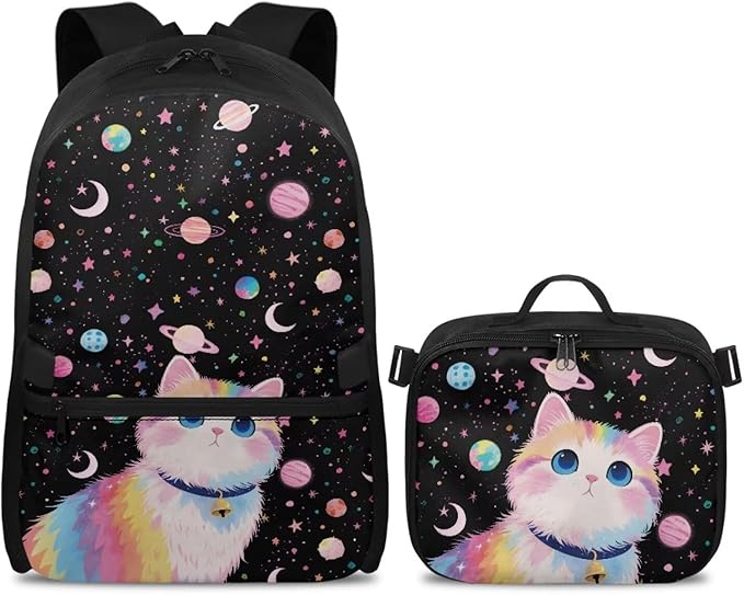HUGS IDEA Cosmic Cat Backpack for School Girls 3th Grade School Bag for Kids 17 Inch Students Bookbag Lightweight School Bookbag for Girls with Lunch Bag Large Kids Travel Daypack