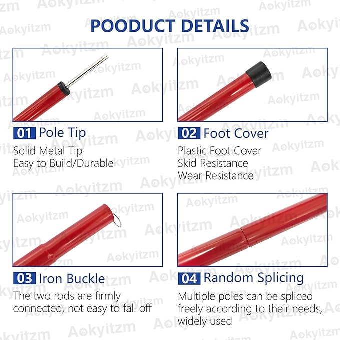 Tent Poles,Adjustable Portable Tent Poles-74.8" Sturdy and Durable Rustproof Thickened Iron Tent Stakes for Camping,Hiking,Van Awnings,Beach Awning Tent Accessory with Storage Bag-2 Pack (Red)