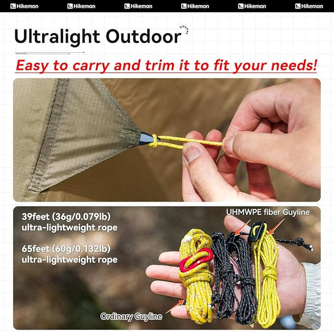 Hikeman Tent Guy Ropes 2mm-Ultralight Strong Guy Lines with Tensioner Reflective UHMWPE Fiber Tent Cord for Camping, Hiking, Backpacking Rope (Black, 39 Feet, 6 Tensioners)