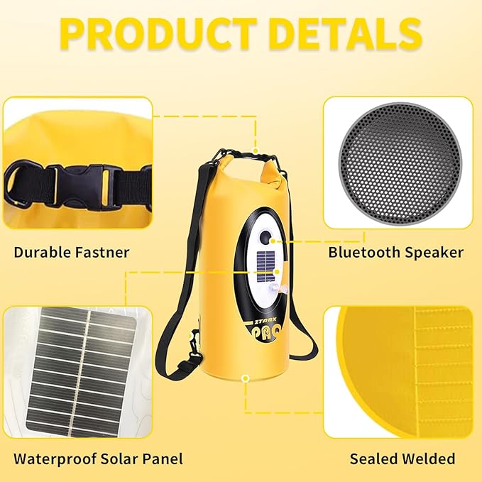 Solar Dry Bag Backpack 10L,Built-in Bluetooth Speaker & LED(4 Lighting Modes),Solar or USB Rechargeable,IP66 Waterproof Floating for Camping, Kayaking, Hiking & Outdoor Adventures