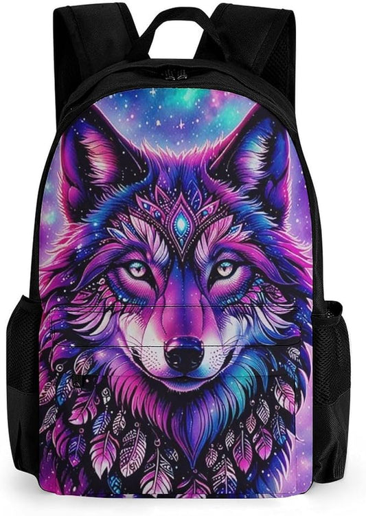Supdreamc Backpack Polyester Anti-Theft Multipurpose Naive Wolf Head Pink Bookbag Large Capacity Laptop Book Bag Rucksack With Side Pockets