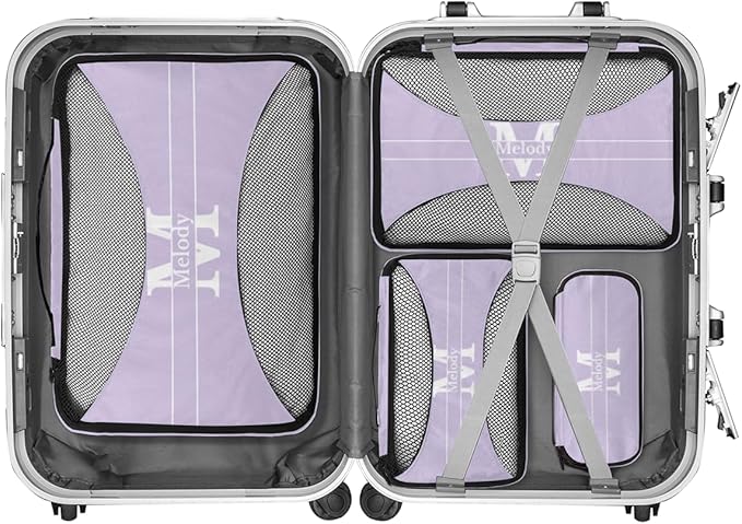 Custom Packing Cubes with Name - 4 Piece Light Purple Packing Cubes Compression Luggage Suitcase Organizer Set with Initial Letter