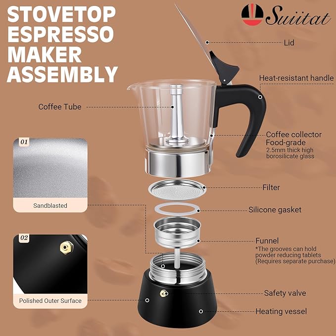 Induction Moka Pot, 6 Cups (10.6 oz) Crystal Glass-Top & Stainless Steel Moka Pot, Classic Stovetop Espresso Maker, Black