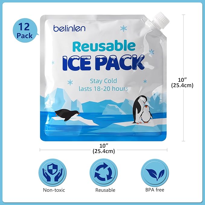 12 Pack Cooler Shock Ice Packs for Cooler Reusable 10x10 Inch Long Lasting Cooler Packs, Cooler Ice Packs Freezer Packs for Cooler Bag, Lunch Bags, Cooler Backpacks