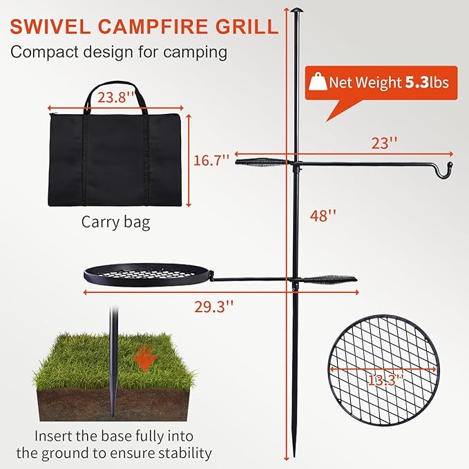 VINGLI Swivel Camping Firepit Grill, Foldable Campfire Steel Grate w/Griddle & Storage Bag, 360° Adjustable, Open Fire Outdoor Cooking Equipment, Parties, Activities, Families Use 30'' x 13'' x 48''