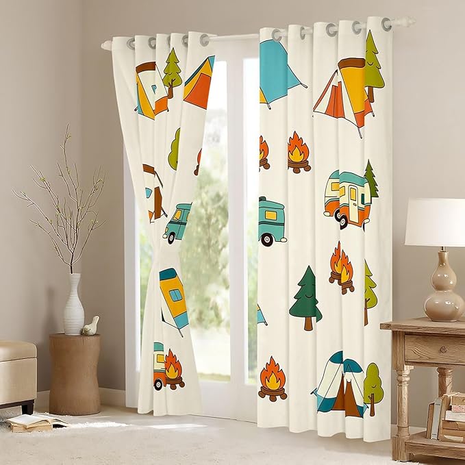Erosebridal Camper Theme Window Drapes Happy Camping Blackout Curtains 38" Wx54 L Travel Car Rv Curtains for Bedroom Living Room,Camping Tent Campfire Forest Window Treatments 2 Panels