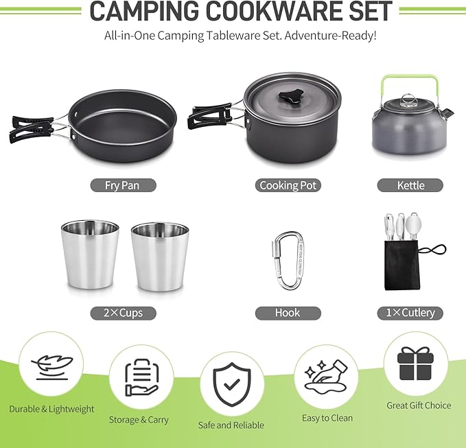 ROVSUN 10pcs Camping Cookware Mess Kit, Lightweight Non-Stick Pot Pan Kettle Set w/Stainless Steel Cup Fork Knives Spoons for Open Fire, Camping, Picnic, Backpacking, Outdoor Cooking