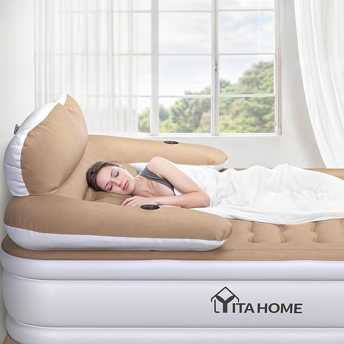 YITAHOME FullXL Size Air Mattress with Headboard, 18in Inflatable with Pillow, Blow Up Mattress with Removable Electric Pump, Comfort Air Bed Queen for Camping & Home, Brown