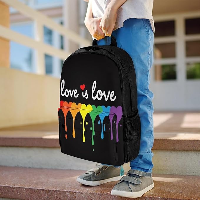 Supdreamc Men Women Lightweight Lgbt Pride Rainbow Heart Love Is Love Casual Daypack Large Capacity Bookbag With Adjustable Shoulder Straps for Gym Business Bicycle