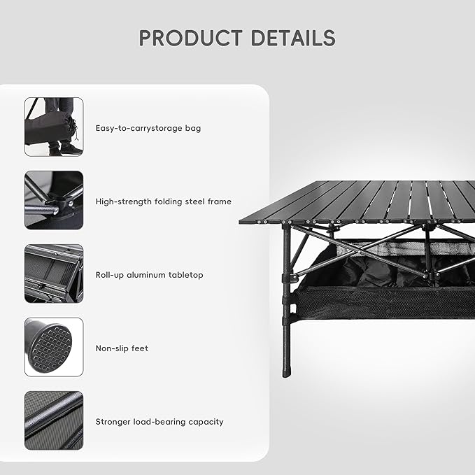 Lightweight Foldable Camping Table - Portable Low Picnic Folding Table for Outdoor, Backyard, Beach, BBQ, Picnic & Patio, Compact Roll-Up Design with Carry Bag